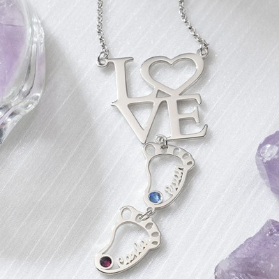 Personalized Baby Feet Charms Name Necklace With Birthstone For Mom Christmas's Day