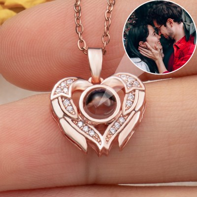 Custom Photo Projection Angel Wing Heart Necklace For Valentine's Day Gift