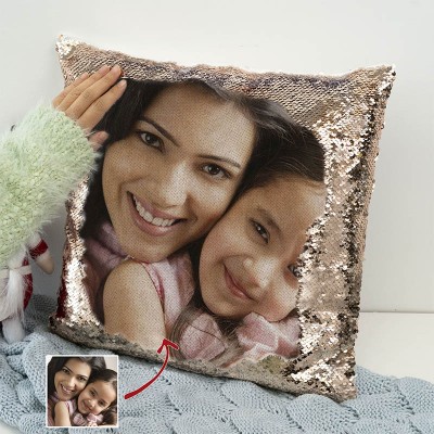 Personalized Rose Gold Sequin Photo Pillow For Mother's Day