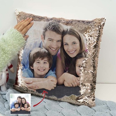Personalized Rose Gold Sequin Photo Pillow For Family