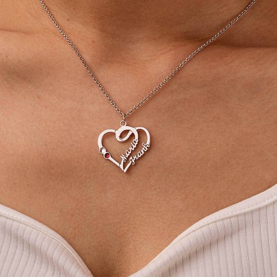 Couple Heart Names Necklace With Birthstones