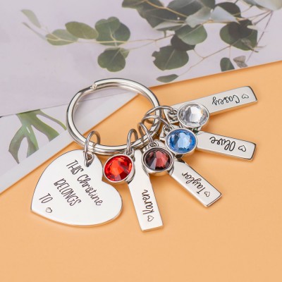 Personalized This Grandma Mom Grandpa Belongs to 1-15 Children Names with Birthstones Keychains