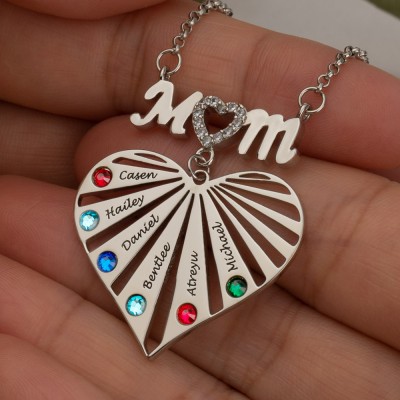 Personalized Mom Heart Necklaces With Kids Name and Birthstone For Mother's Day Gift Ideas
