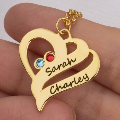 Personalized Heart 2 Names Necklaces With Birthstones For Couple Valentine's Day