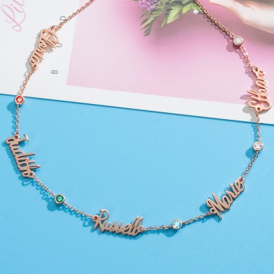 18K Rose Gold Plating Personalized 1-6 Name Necklace With Birthstone