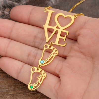 Personalized Love Baby Feet Charms Name Necklace With Birthstone For Mom Grandma