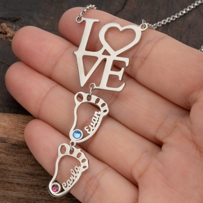 Personalized Love Baby Feet Charms Name Necklace With Birthstone For Mom Grandma