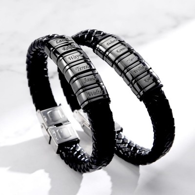 Personalised Mens Beads Braid Name Leather Bracelets With 1-10 Beads