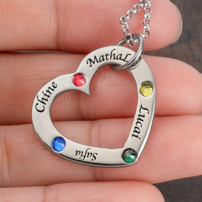 Personalized Family Heart Name Necklace With Birthstone Christmas Gift