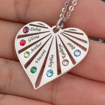 Personalized 1-8 Engraved Name Heart Necklaces With Birthstone For Family Gift Ideas