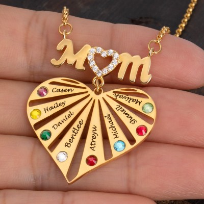 Personalized Mom Heart Necklaces With Kids Name and Birthstone For Mother's Day Gift Ideas
