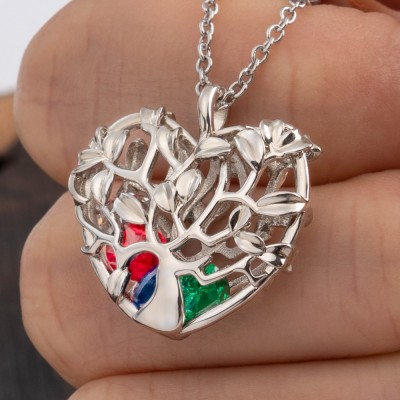 Heart Shape Family Tree Caged Pendant Necklace with 1-8 Birthstones