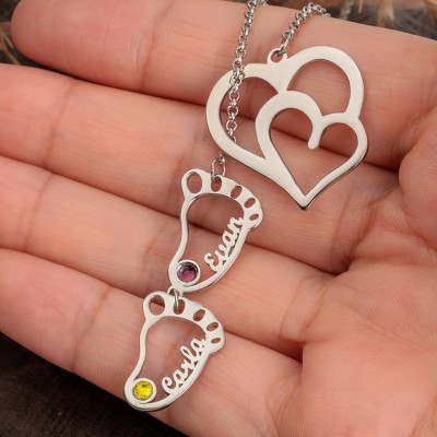 Personalized Heart Baby Feet Charms Name Necklace With Birthstone For Mom Grandma