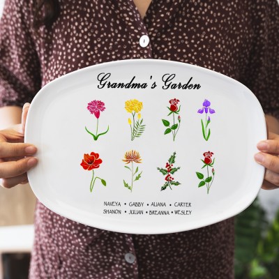 Personalized Birth Month Flower Platter With Grandchildren Names Grandma's Garden For Mom Family