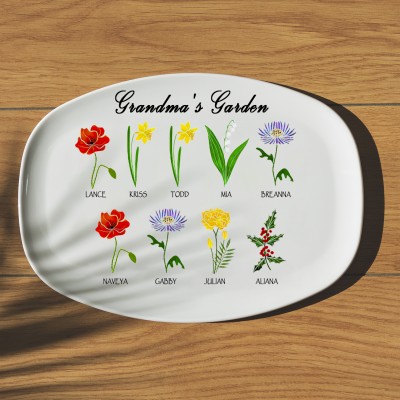 Grandma's Garden Plate Personalized Birth Month Flower Platter With Grandchildren's Name For Mother's Christmas Day