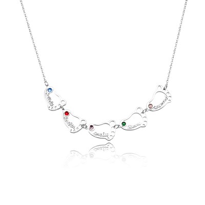 Silver Personalized 1-8 Hollow Baby Feet Engravable Family Name Necklace With Birthstone