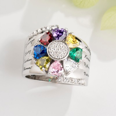 S925 Silver Personalized Engraved Heart-Shaped Birthstones Ring with 1-8 Names