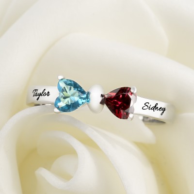 S925 Sterling Silver Personalised 2 Names Birthstone Bow Ring