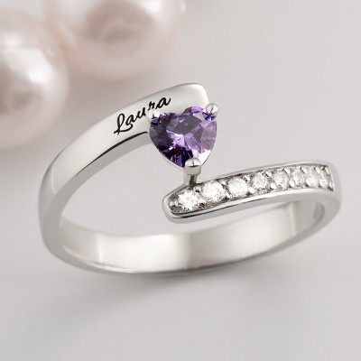 S925 Silver Personalized Engraved Heart-Shaped Birthstones Ring with 1-8 Names