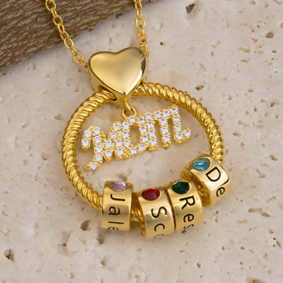 Linda Circle Pendant Necklace With Engraved Name Beads Mom Birthstone Gift