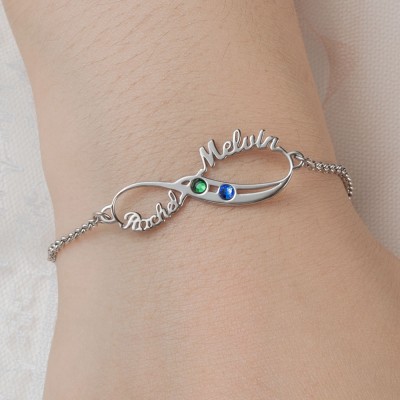 Personalized Infinity 2 Names Bracelet With Birthstones For Couple Valentine's Day