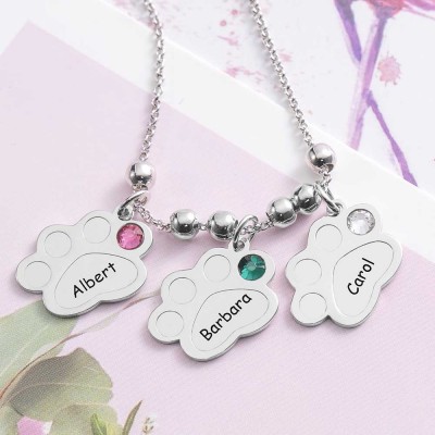 Multiple Paw Print Birthstone Name Necklace with 1-5 Charms