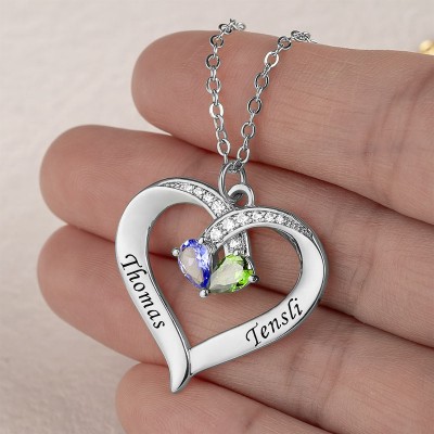 Personalised Couple Names Heart Necklace With Birthstones Valentine's Day Gifts