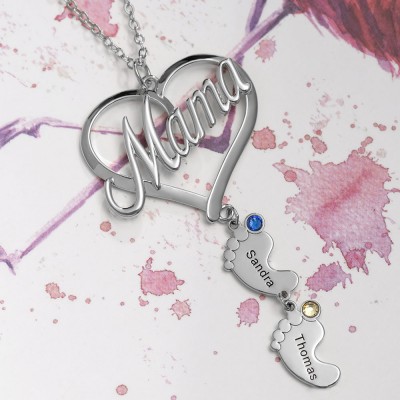 Silver Personalized Mama Heart Baby Feet Pendant Birthstone Name Necklace with 1-10 Charms