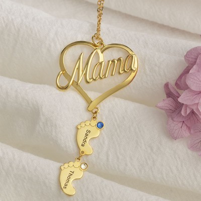 Personalized Mama Heart Baby Feet Pendant Birthstone Name Necklace with 1-10 Charms