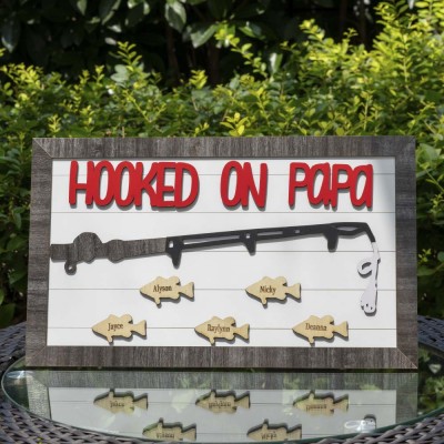 Hooked on Papa Dad Grandpa Personalized 1-10 Names Engraved Fishing Trip Gift For Him
