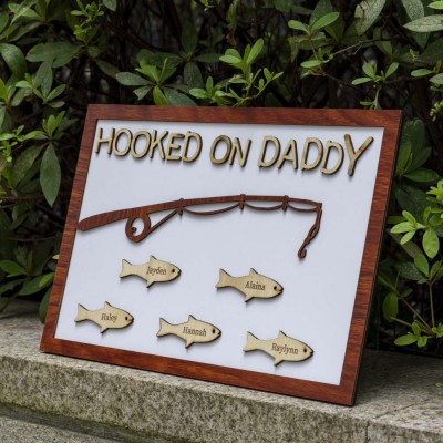 Hooked on Papa Dad Grandpa Personalized 1-10 Names Engraved Fishing Trip Gift For Him