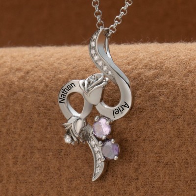 Personalised Couple Names Rose Necklace With Birthstones Valentine's Day Gifts