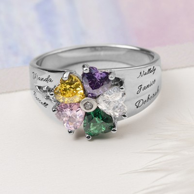 S925 Silver Personalized Engraved Heart-Shaped Birthstones Ring with 1-8 Names