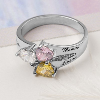 S925 Silver Personalized Engraved Heart-Shaped Birthstones Ring with 1-8 Names