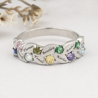 S925 Silver Personalized Heart Birthstone Ring Family Ring Gift With 1-9 Names