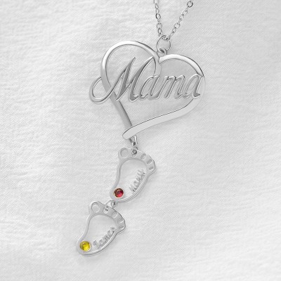 Silver Personalized Mama Heart Pendant Birthstones Name Necklace with 1-10 Hollow BabyFeet Charms