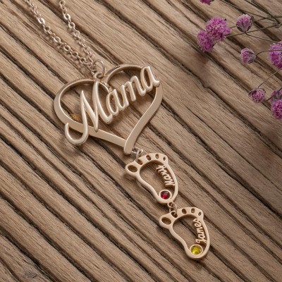 Personalized Mama Heart Pendant Birthstones Name Necklace with 1-10 Hollow BabyFeet Charms