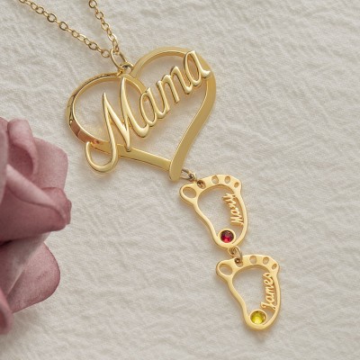 Personalized Mama Heart Pendant Birthstones Name Necklace with 1-10 Hollow BabyFeet Charms