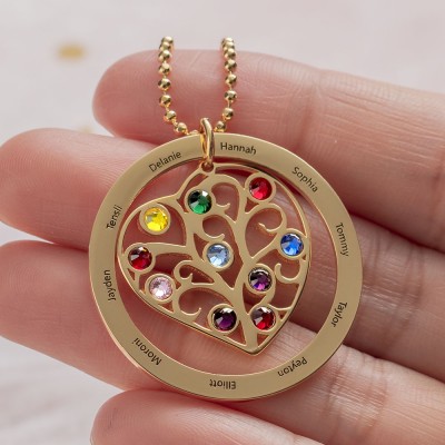 Personalized Family Heart Name Necklace With Birthstone Christmas Gift