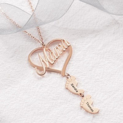 18K Rose Gold Plating Personalized Love MaMa Heart 1-10 Baby Feet Charms Name Necklace