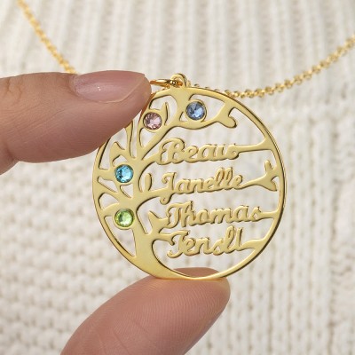 Personalized Tree-Design Family Tree Name Necklace With Birthstone