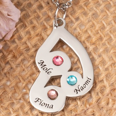 Personalised Engraved Family Pendant Necklace with 3 Names and Birthstones For Mother's Day Christmas