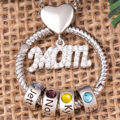 Personalised Circle Pendant Mom Necklace with Engraved Name and Birthstone Beads For Christmas Mother's Day