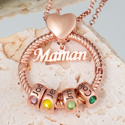 Personalised Circle Pendant Necklace with Engraved Name and Birthstone Beads For Christmas Mother's Day