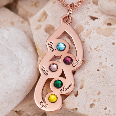 Personalised Engraved Family Pendant Necklace with 5 Names and Birthstones For Mother's Day Christmas