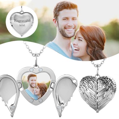 Personalized Angel Wings Heart Photo Locket Necklace