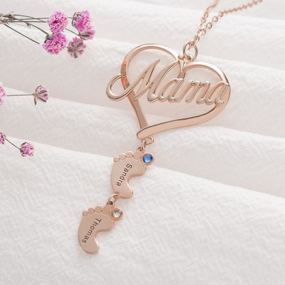 Personalized Mama Heart Baby Feet Pendant Birthstone Name Necklace with 1-10 Charms