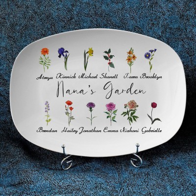 Personalized Grandma's Garden Platter With Grandkids Name and Birth Flower For Mother's Day