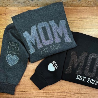 Custom Embroidered Glitter Mama Sweatshirt with Kids Names on Sleeve For New Mum Mother's Day Gift
