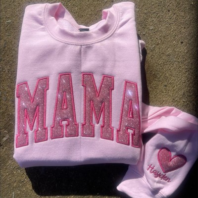 Custom Embroidered Glitter Mama Sweatshirt with Kids Names on Sleeve For New Mum Mother's Day Gift
